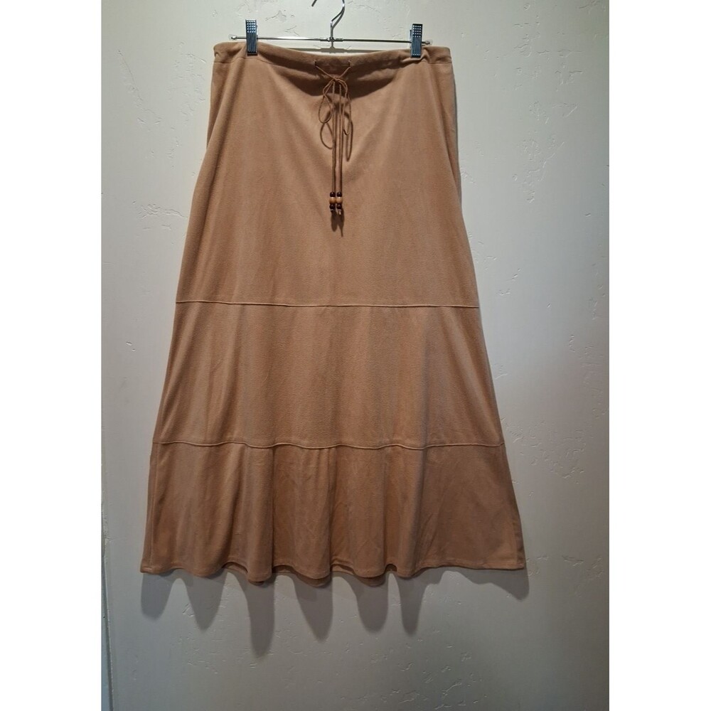 Womens Sz 12 Suede-Like Tan Tiered Midi Skirt Beaded Tie Western Coastal Cowboy